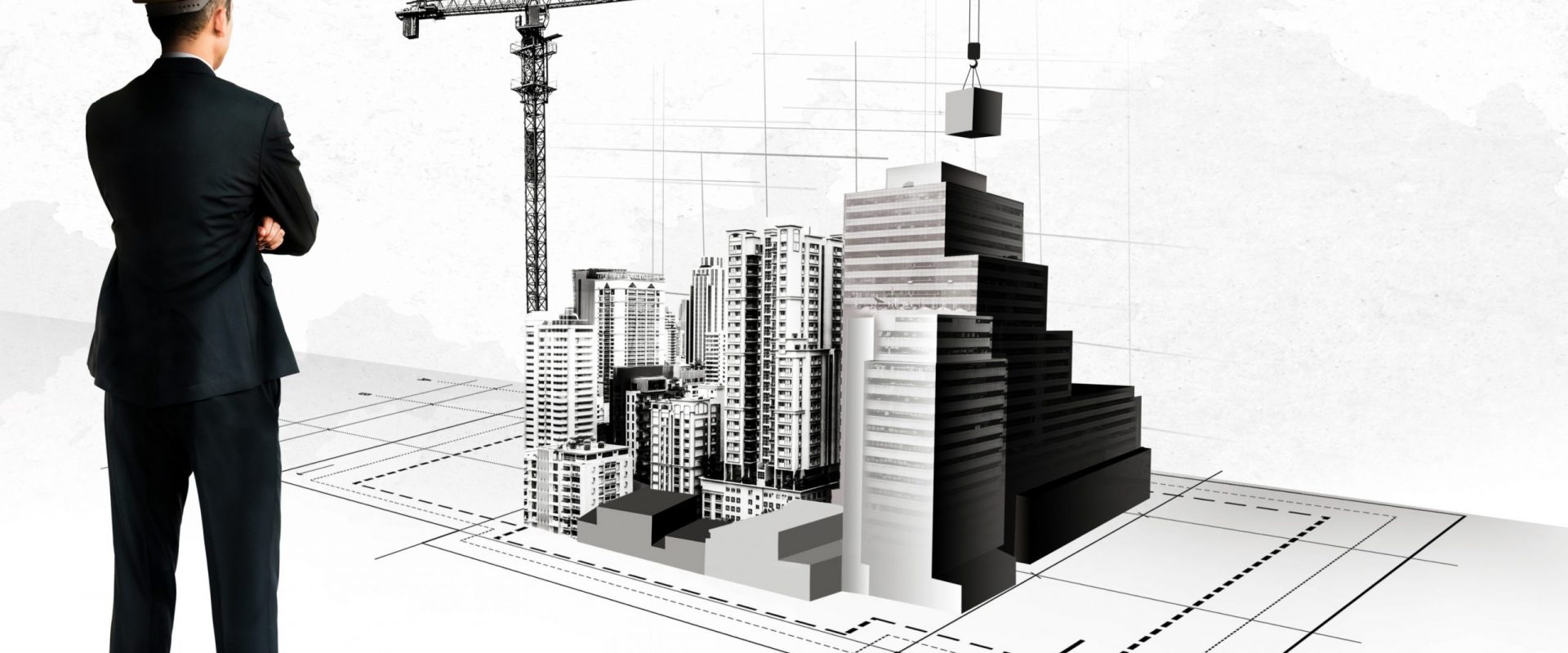 City civil planning and real estate development - Architect people looking at abstract city sketch drawing to design creative future city building. Architecture dream and ambition concept.